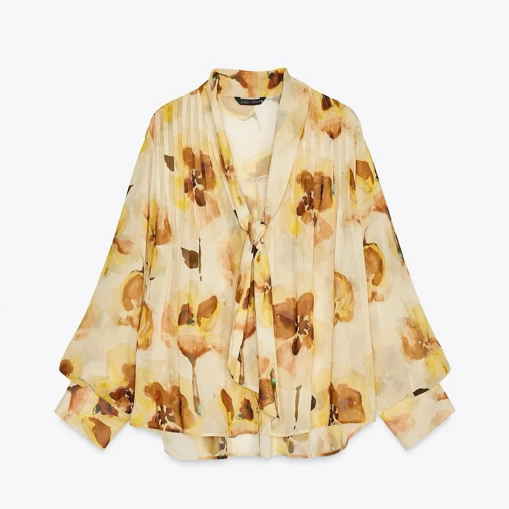 ZARA Scarf Detail Floral Print Oversized Shirt | Ecru/Yellow - Picture 7 of 14